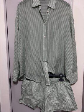 Zara Green White Striped Shirt Shorts Set Women S 2 Piece Matching